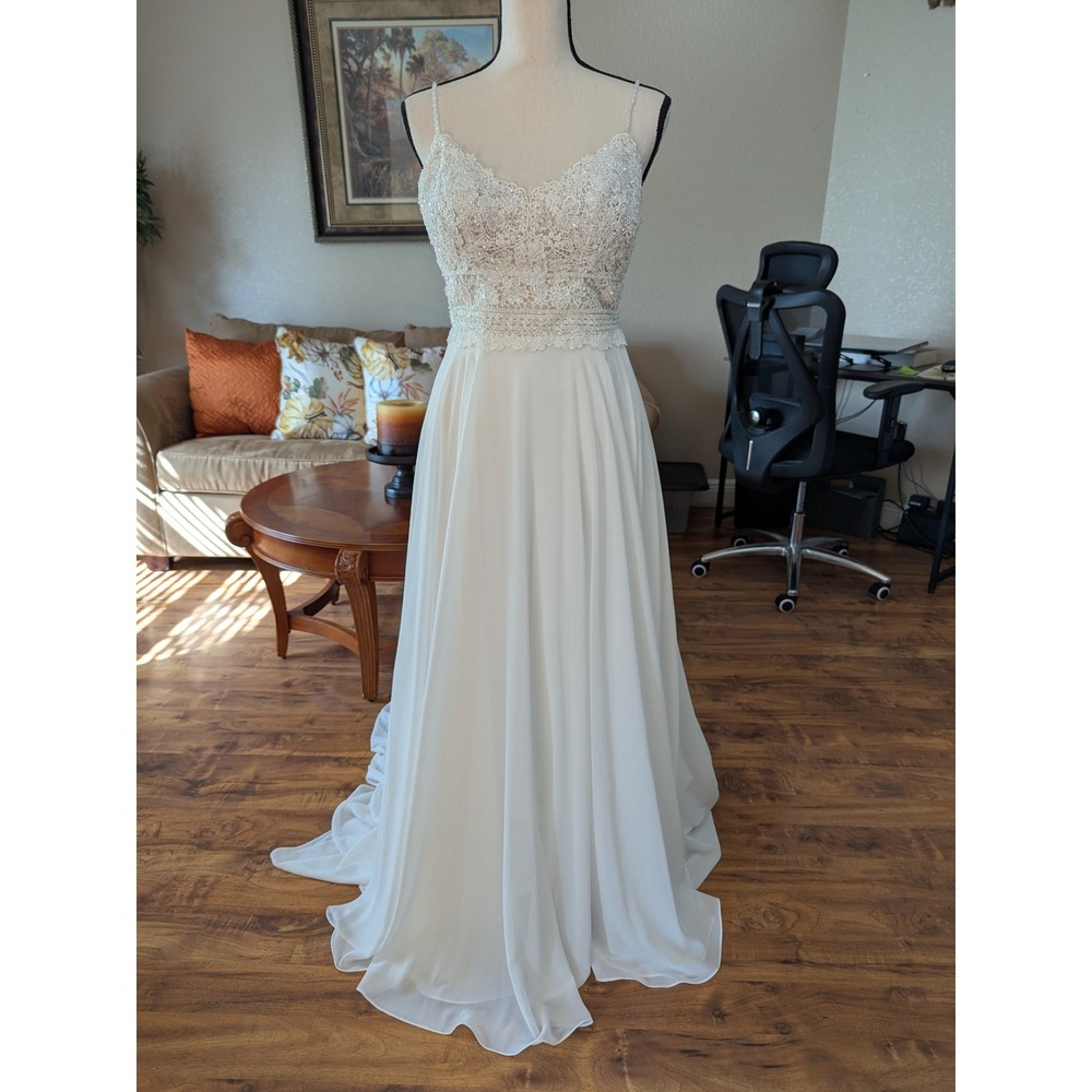 Rebecca Ingram Wedding Dress Size 6 Lace Chiffon Spaghetti Strap Bridal Gown‎